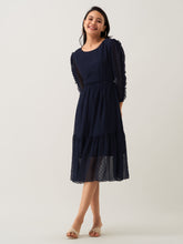 Navy Blue Chiffon Brasso Swiss Dot Round Neck Dress